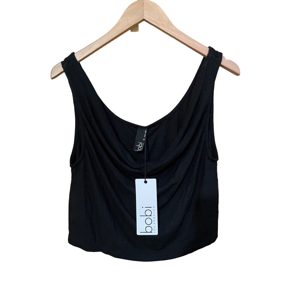 Bobi Los‎ Angeles Short Ribbed Cropped Cowl Black Tank Top Stretch Womens Size L